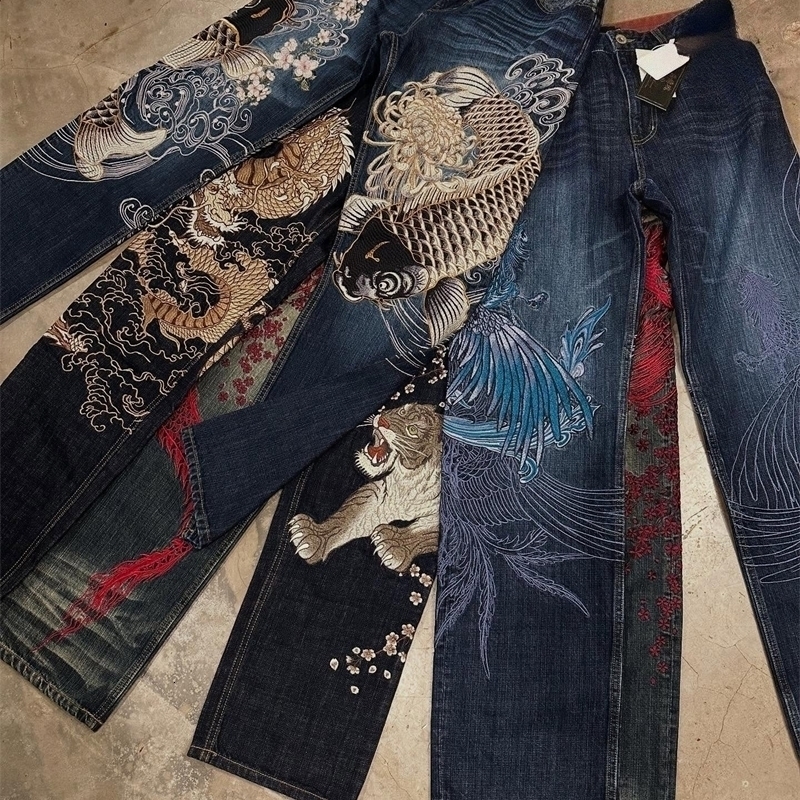 Harajuku Japanese Jeans Mens Dragon High Quality Jeans Gothic Vintage Hip Hop Streetwear Denim Fabric Wide Leg pants 260921