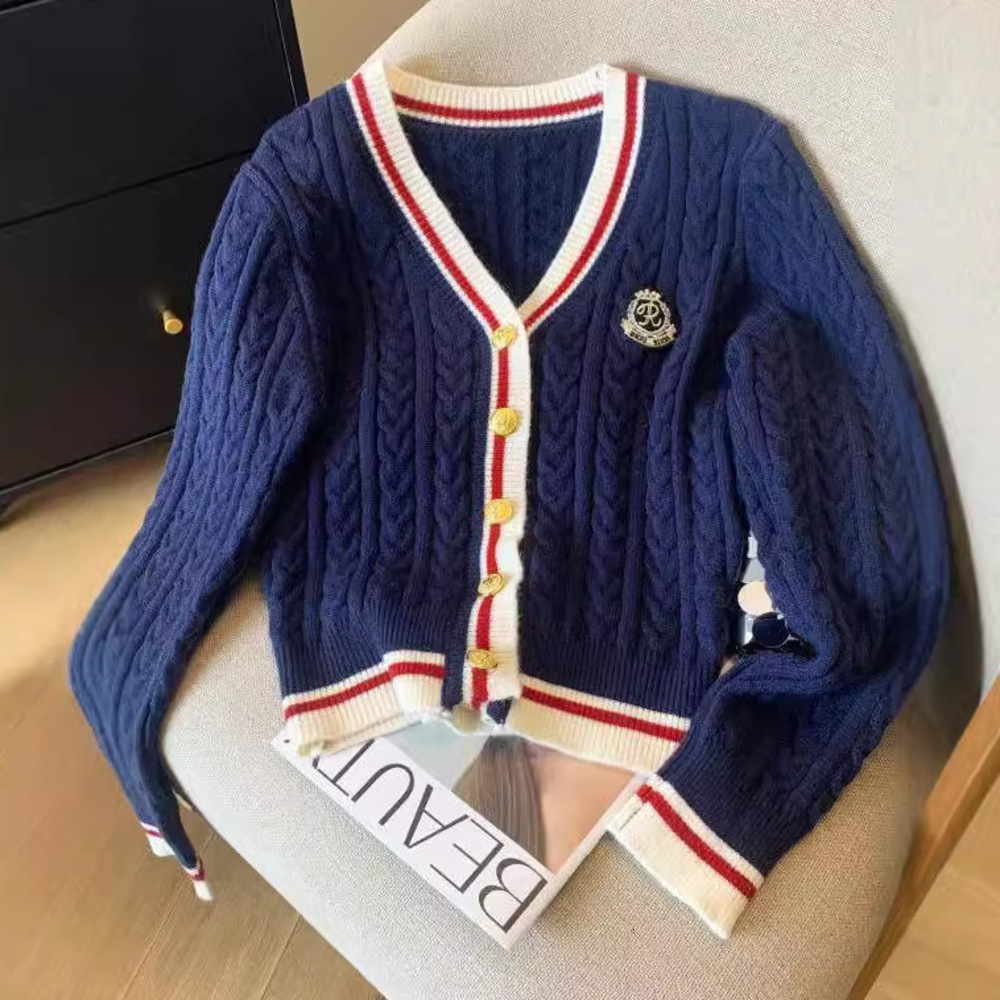 Fall/Winter New Retro College Style V-neck Contrasting Color Knitted Cardigan Stylish and Slimming Plaid Sweater Coat for Women-0