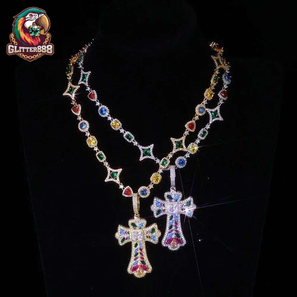 2026 new style Iced Out Colorful Cross Pendant Necklace Gold Plated Large Baguette Moissanite Diamonds Custom Charm Design Hip Hop Jewelry
