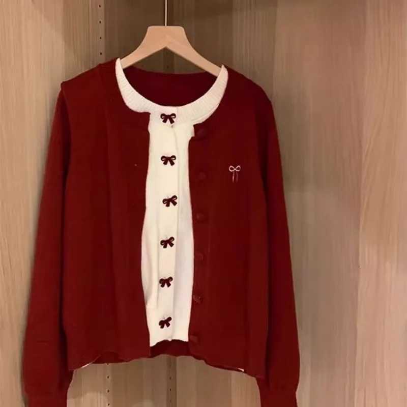 Women's Sweaters Korean Style Bow Red Fake Two Piece Cardigan Sweater for Women Autumn Winter New Style Relaxed Knitted Jumpers D260923