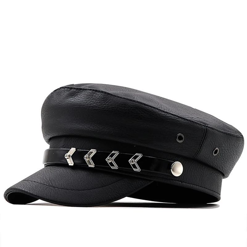 Women Flat Topped Bright Pu Leather Beanie Autumn Winter Black Military Hat Girl Beret Fashion Classic Retro Cap 260921