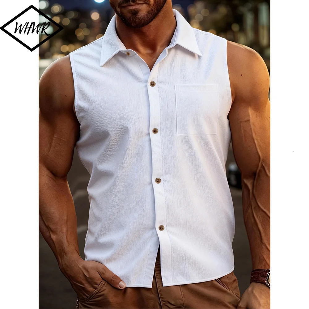 Mens Fashion Casual Sleeveless Shirts Men Turn-down Collar Buttoned Vest Shirt Summer Breathable Male Solid Color Tank Tops 260922