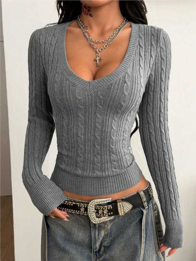 Women's Sweaters Women's Clothing V-neck Braided Sexy Sweater Slim Short Long-sleeved Tops Simple Style Solid Color Pullover Comfortable T