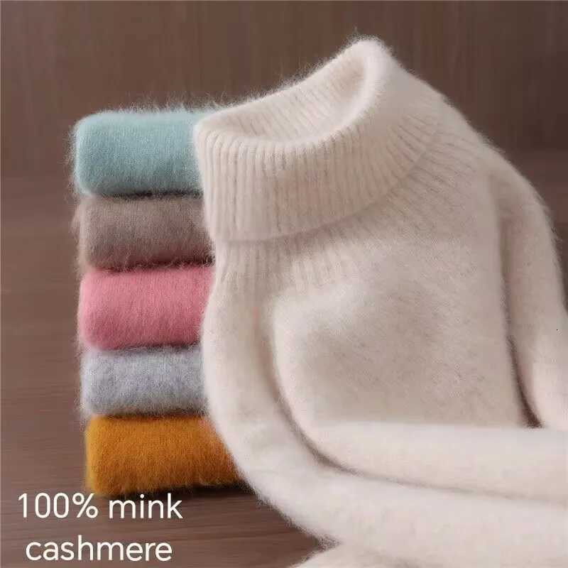 Women's Sweaters 2025 Autumn/Winter New Women's 100% Mink Fur High Collar Sweater WiTH THiCK Pullover knit Sweater Solid Color Fashion H26