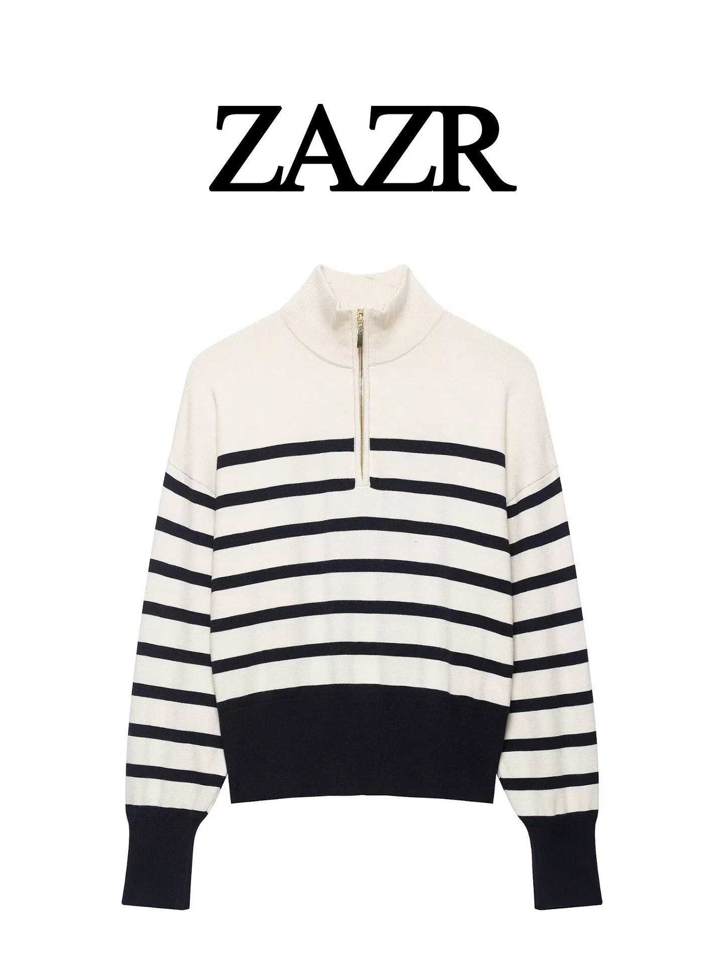 Women's Sweaters Slim Fit Elegant Zipper Neck Knitted Sweater Striped ZR Style New Women's Fashion Polyester Fiber Hooded Knitwear H260923