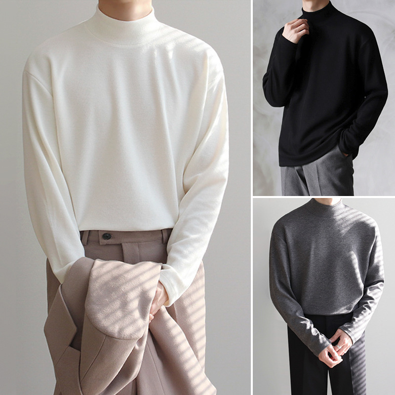 Luxurious Designer MYQ Winter And Autumn Tops - Semi-high-neck Base Layer Shirts For Men, Pure Color Long-sleeved T-shirts, Inner Layer In Korean St