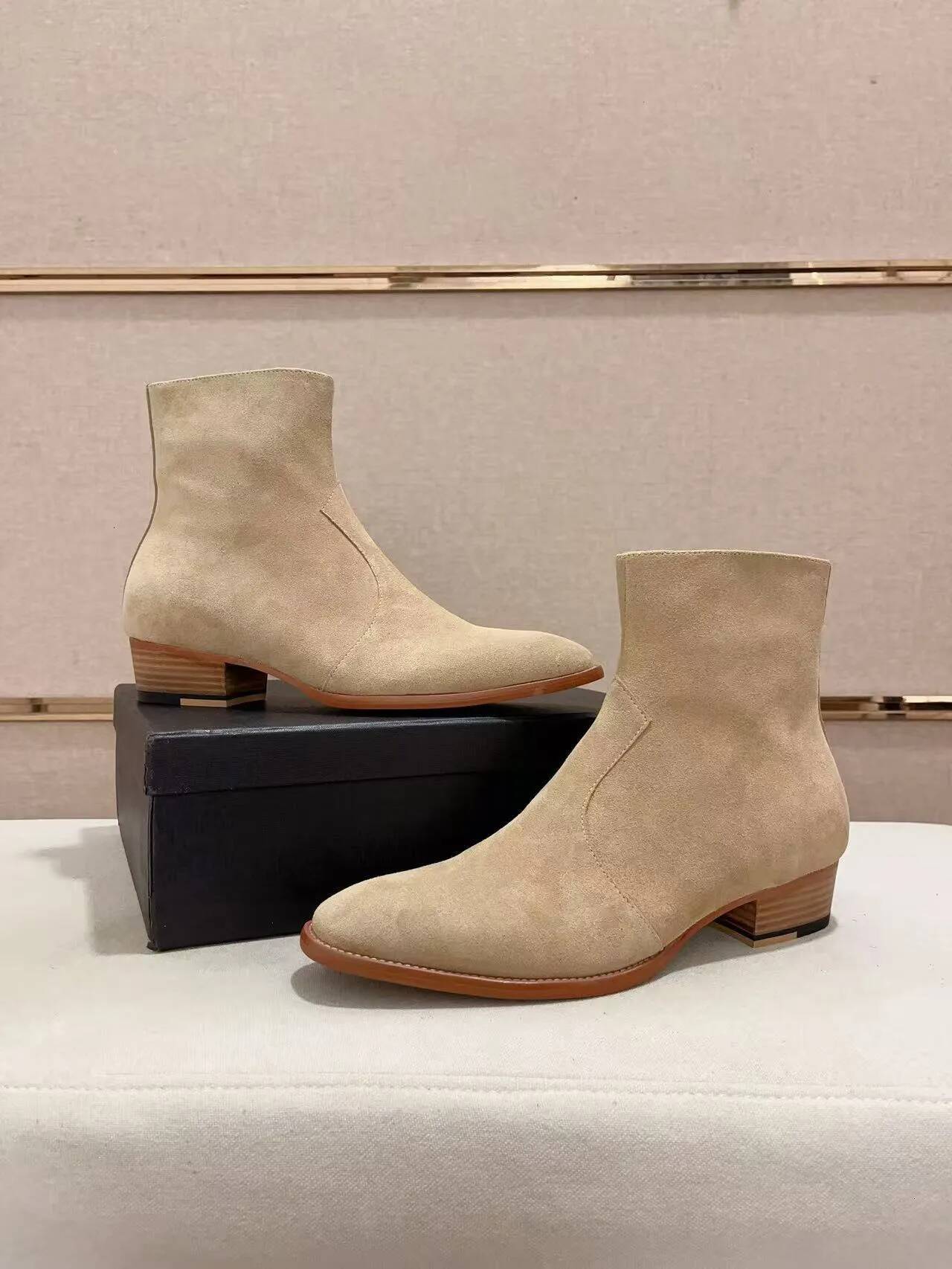 Boots Women Ankle Suede Leather Luxury Designer Pointed Toe Low Block Heel Fashion Classic Casual Winter Black Beige Western Dress Office Party Brow