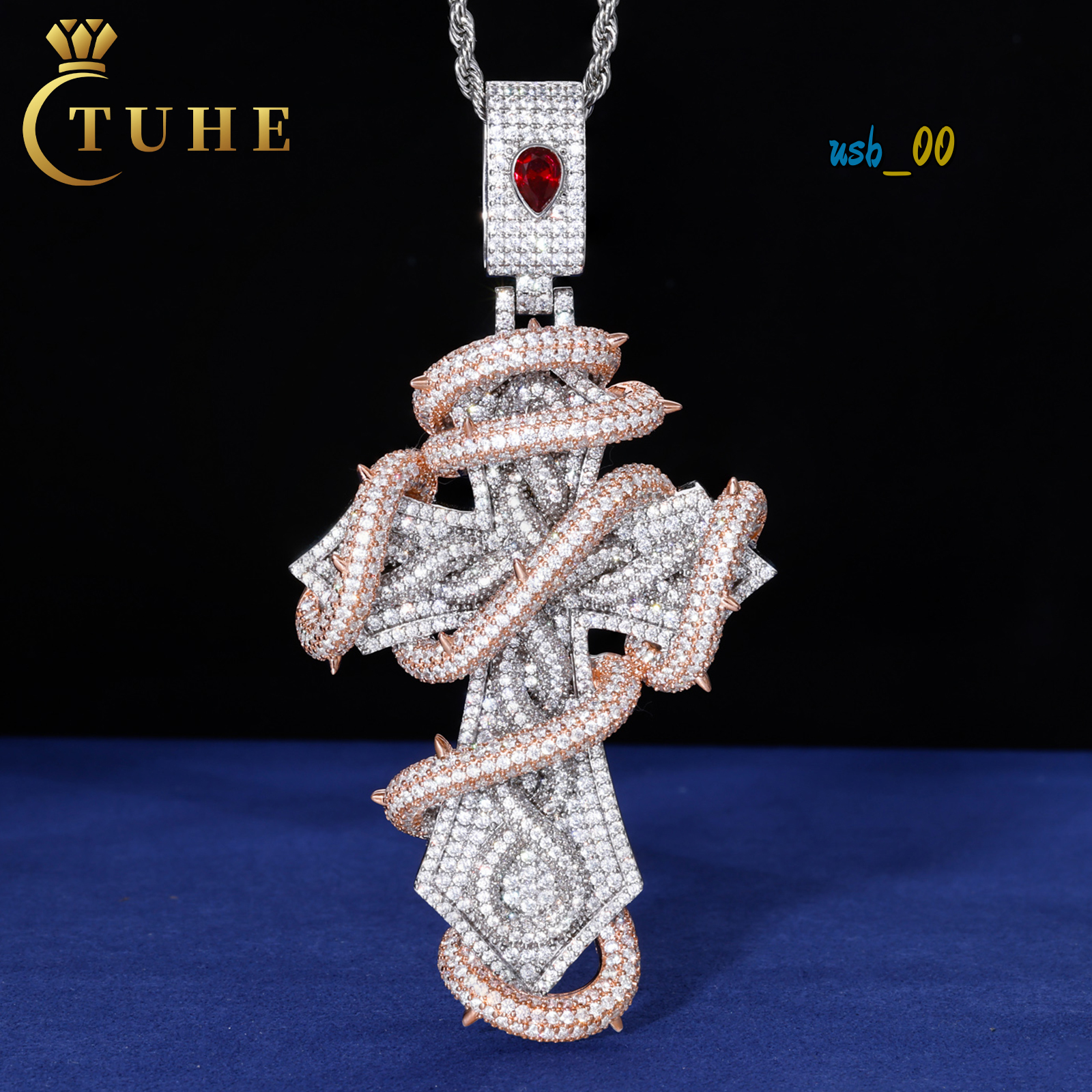 Pass Diamond Tester Sparkling Unisex Hip Hop Jewelry Gold Plated VVS Moissanite Iced Out Crown of Thorns Cross Penadnt