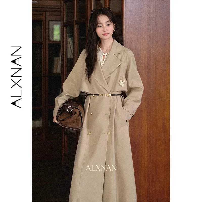 ALXNAN Khaki Mid Length Windbreaker for Women Embroidered Bow Design Long Trench Coat Trend 2026 Fall Casual Thin Coat L57013 M260922