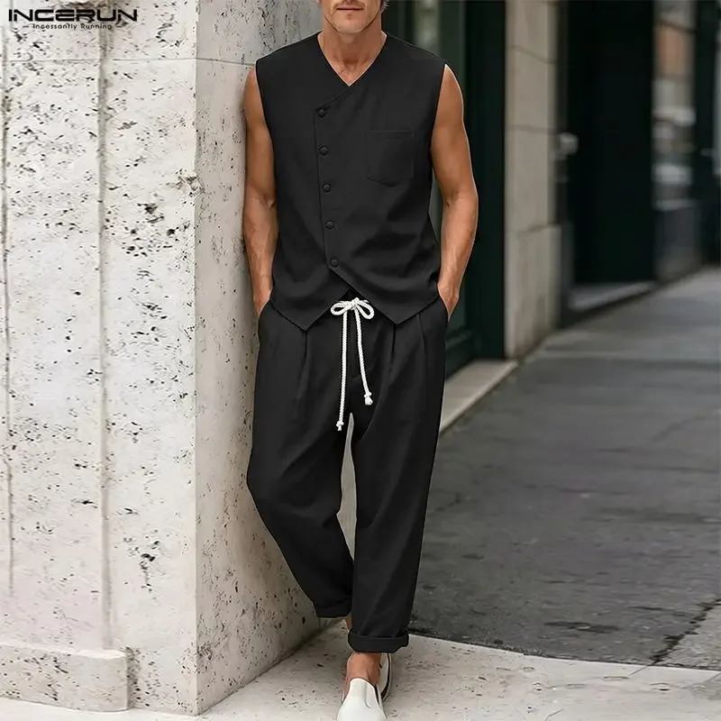 INCERUN Men's Sets Solid Color V Neck Sleeveless Vests Pants Two Piece Streetwear Elegant Summer 2026 Men Matching 260911
