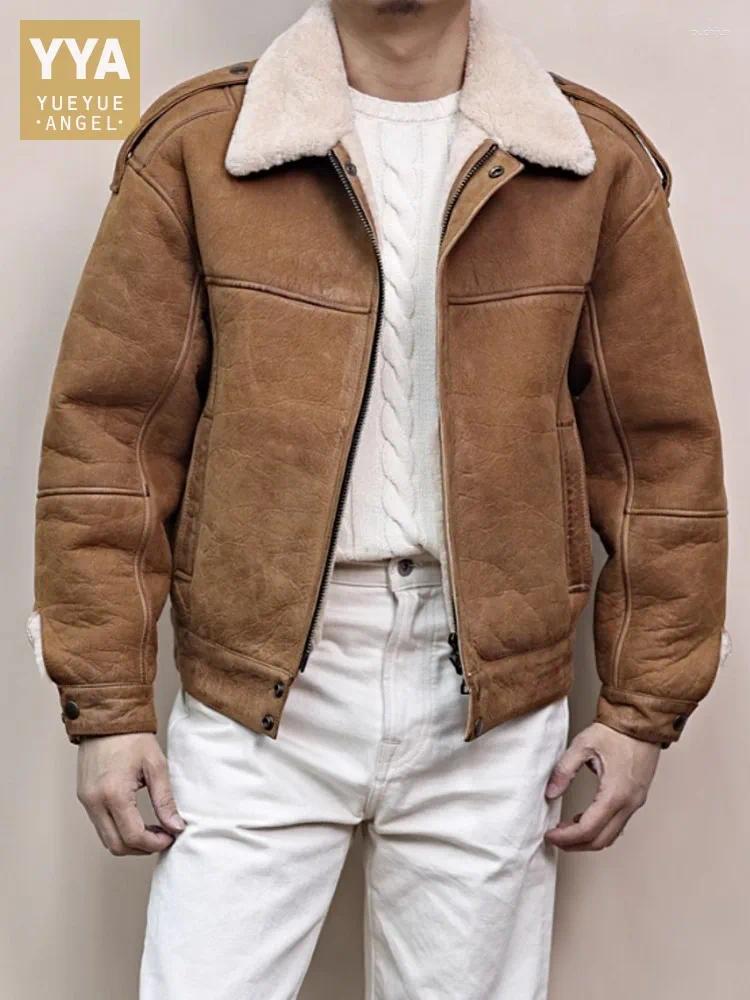 Mens Genuine Leather Jacket Wool Collar Zipper Pocket Natural Shearling Winter Vintage Luxury Warm Motorcycle Style Loose Coat
