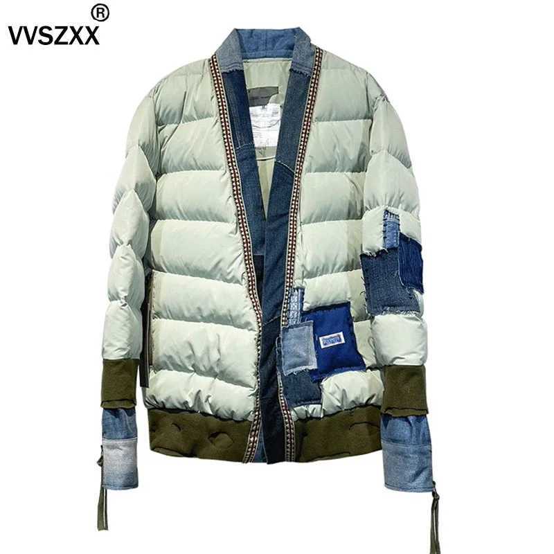 Fake Men's Down Parkas Men's Two Pieces Denim Patchwork Taoist Robe Cardigan Coat GL Style Vintage Slim Down Jacket for Men C260922