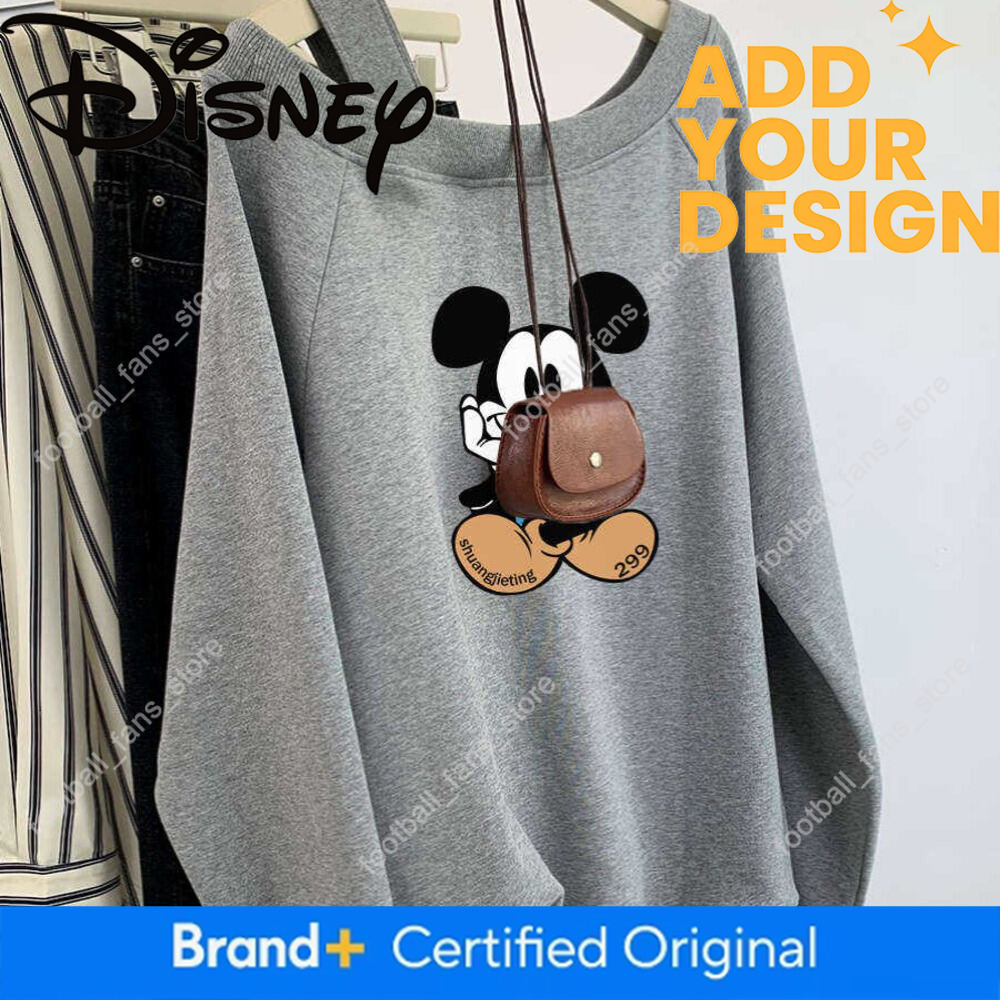 Gray Slanted Shoulder Lazy Cartoon Mickey Off-Shoulder Korean Style Sweatshirt for Women Early Autumn Pullover Long-Sleeved Top Jacket 7 f