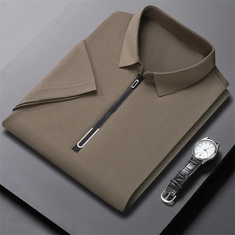 Men's Business Casual Zipper Short Sleeve Solid Color Polo Shirt Fashionable Warm Comfortable Four Seasons Versatile Top 260920ww