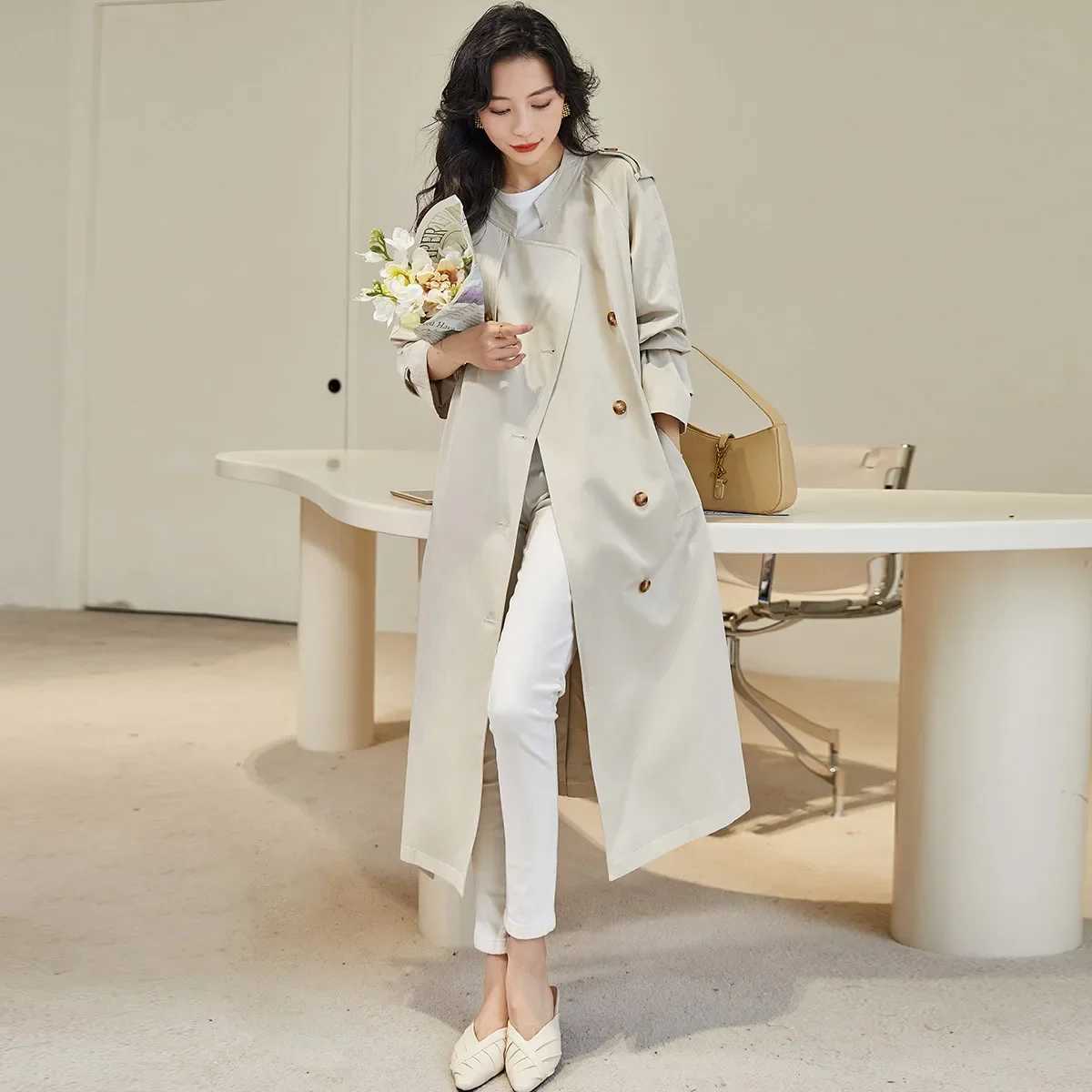 YAO British Style LOUIS Long Trench Coat 2026 Casual Stand Up Collar Raglan Slves Long Tie Loose Spring Autumn Women's Coat M260922
