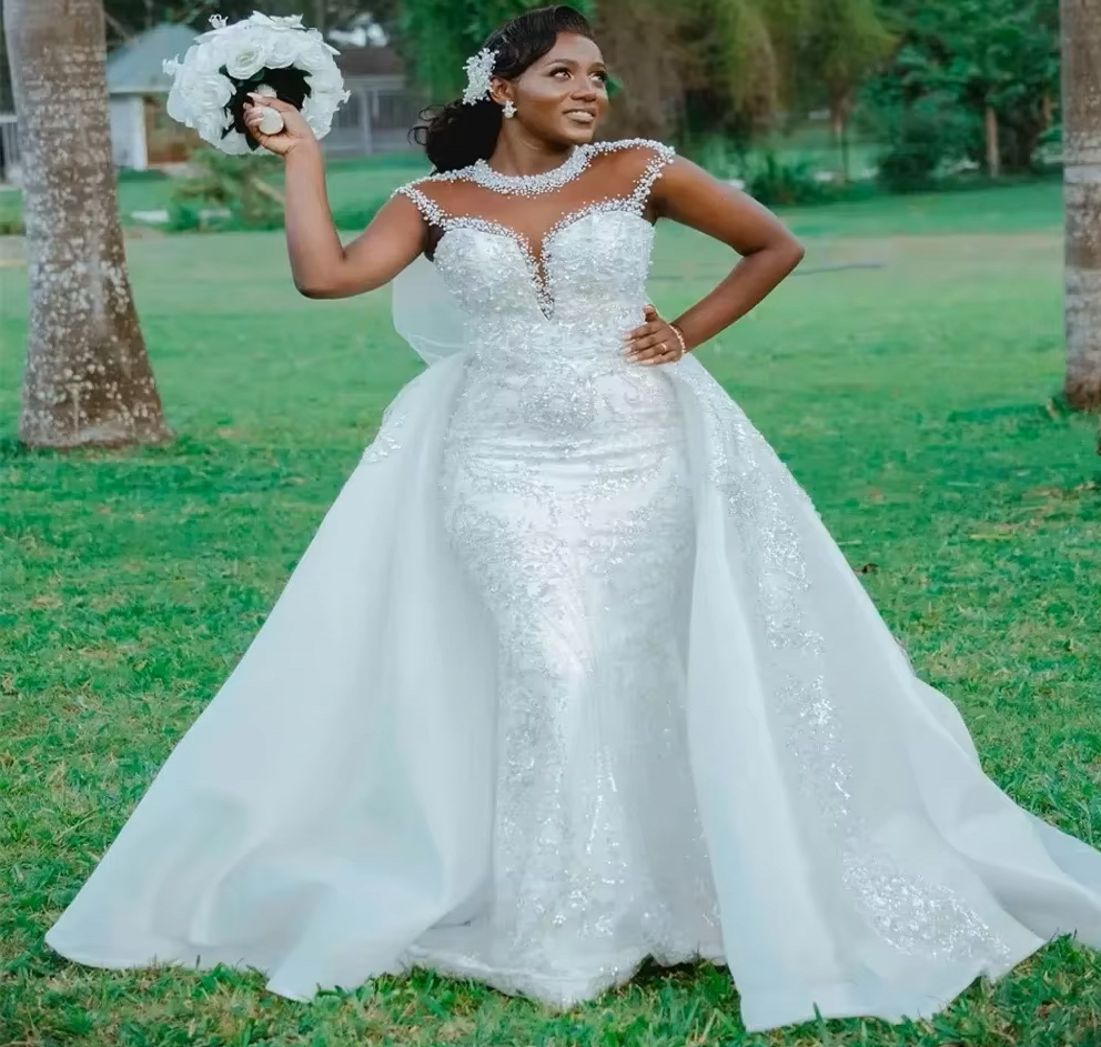 Luxury African Mermaid Wedding Dresses O-Neck Cap Sleeves Pearls Beads Bridal Dress Gowns Custom Made Arabic Aso Ebi Vestido De Novia
