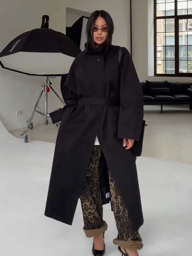 Black Oversized Women's Maxi Windbreaker Solid Stand Collar Belt Waist Loose Fit Trench Coat Female Casual Strt Clothing 2026 M260922