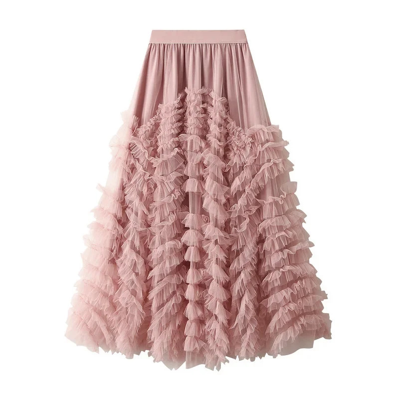 Fashionable Tiered Tulle Maxi Skirt for Women Elegant High Street A Line High Waist Mesh Long Skirt Female Pink 260923
