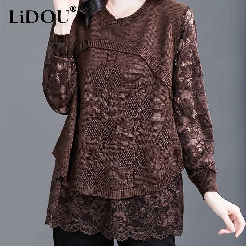 Women's Sweaters 2023 Autumn Winter New Solid Jacquard Weave Long Sleeve Sweaters Women Knitting Pullovers Lace Patchwork Casual Tops Jumpers H