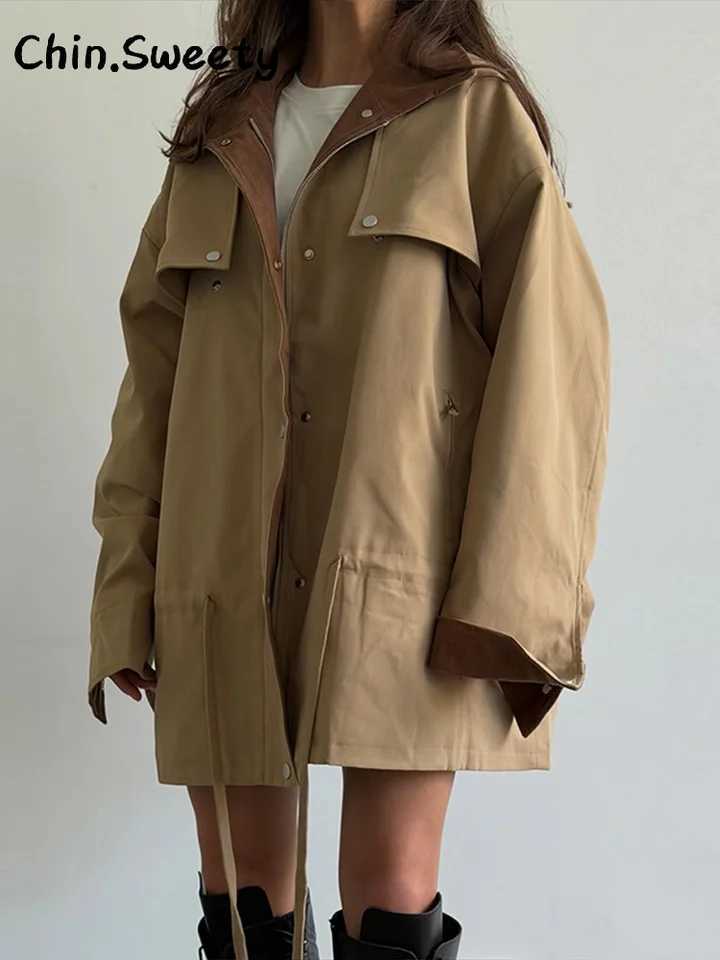 Lapel Fashion Women's Patchwork Long Jacket Loose Full Slve Lace Up Zipper Trench Coat 2026 Autumn Lady Casual Windbreaker M260922