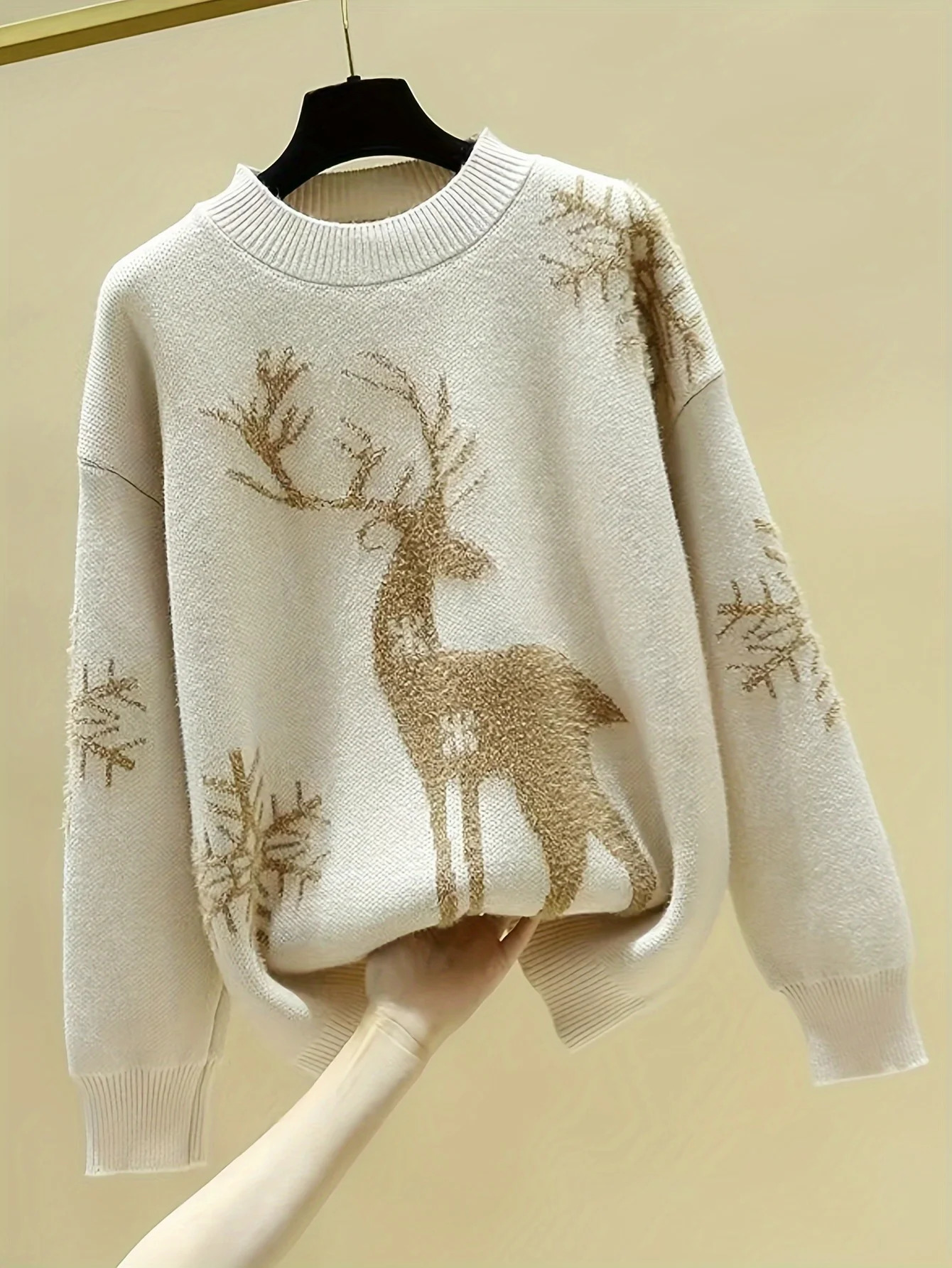 Womens Round Neck Reindeer Snowflake Knitted Sweater Long Sleeve Loose Casual Christmas Pullover Winter Top 260922