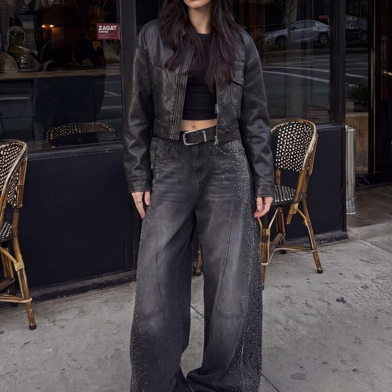 Women Loose Fit High Waist Wide Leg Jeans Faded Black Gradient Wash Side Rhinestone Embellishment Panel Stitching Detail Baggy Denim Trousers