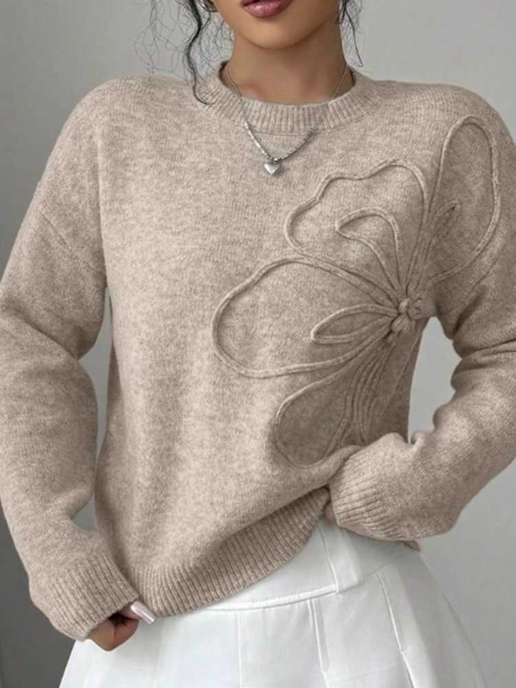 Women's Sweaters New in Slimming Effect Knitted Pure Color Floral Print Women's Sweater Spring StyleCrew Neck Full Sleeve Fashionable Pull