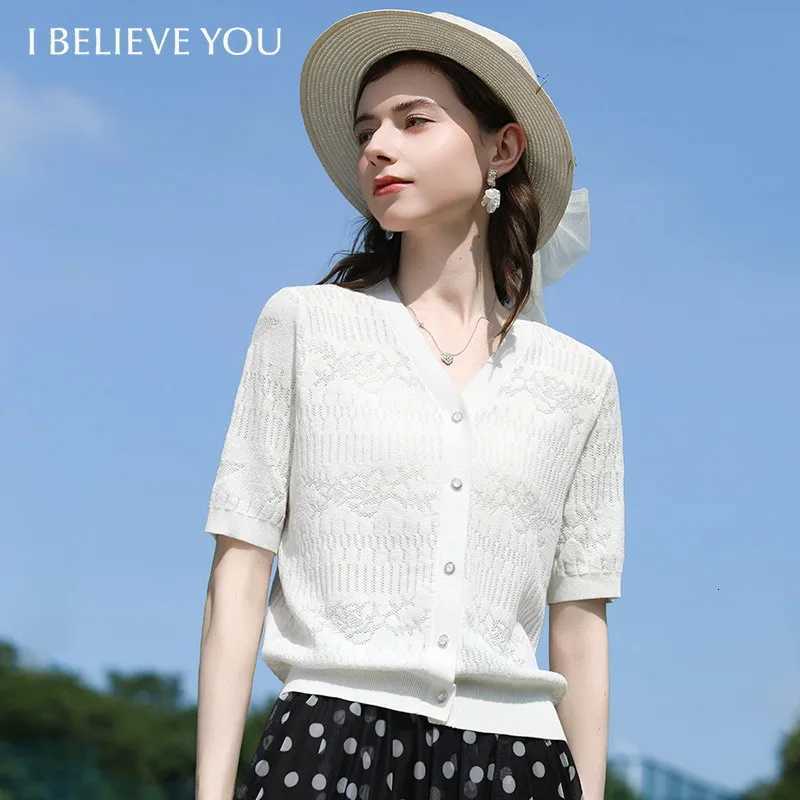 Women's Sweaters I BELIEVE YOU White Loose Hollow Short Sleeve Knitted Cardigan 2026 Summer New Casual V-Neck Elegant Top For Women 2262146163