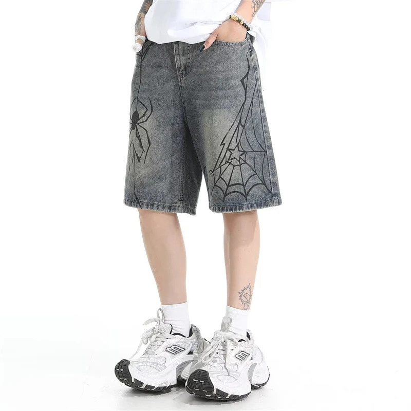 2026 Men's Y2K Streetwear Harajuku Blue Jorts Spider Graffiti Printed Baggy Denim Shorts Summer Casual Retro Jeans Shorts 260921