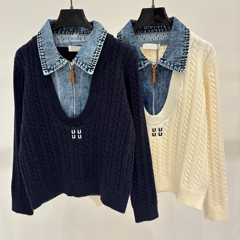 Preppy Style Women Fake Two Piece Knit Top Vintage Panelled Denim Lapel Collar Jacquard Half Zipper Sweatshirt Autumn Campus Office Casual Designer