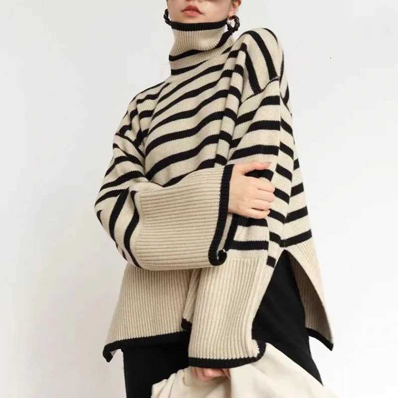 Women's Sweaters Women's Striped Turtleneck Sweater2023New Autumn and Winter Loose Design Niche Knitwear Pullover Coat H260923