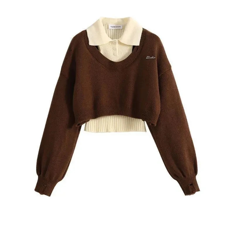 American Style Short Sweater Women's Autumn Winter Wear Two-Piece Set Knitted Sweater And Vest Top outfit knitted Pullover Shirt 260923