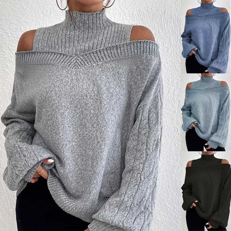 Women's Sweaters Turtleneck Lantern Sleeve Sweaters for Women Autum Winter New Loose Knitwear Casual Pullovers Solid Color Off Shoulder Jumpers