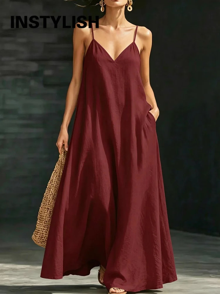 Women Linen Spaghetti Strap Maxi Dress V Neck Loose Swing Long Dress With Pockets Casual Summer Beach Vacation Sundress Ladies 260918