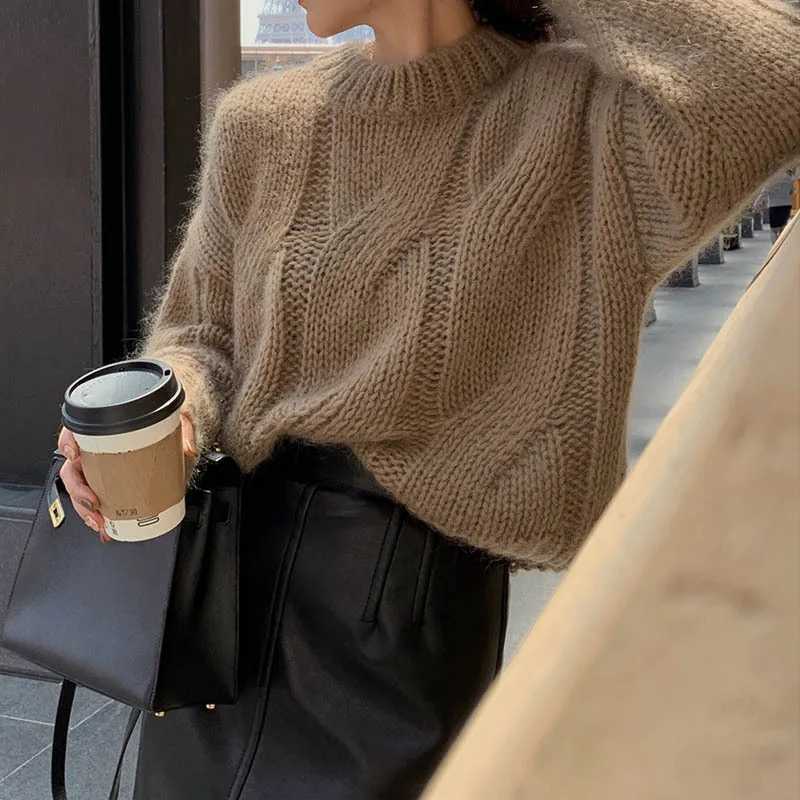 Women's Sweaters Coarse Yarn Knitted Sweater for Women Autumn Winter Lazy Style Stretch Twist Pullovers Vintage Solid Color O-Neck Jumpers Muje