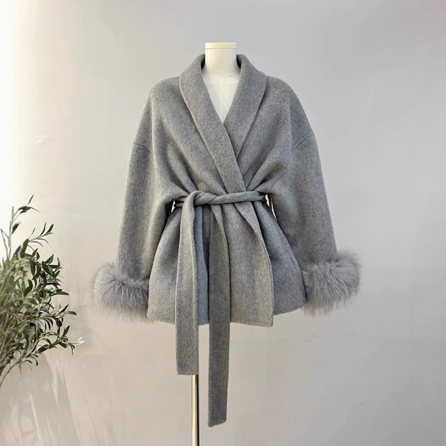 New Fox Fur Double Sided Wool Coat Women s Short Coat Women s Elegant Bathrobe Style Double Sided Woolen Coat Cross Border