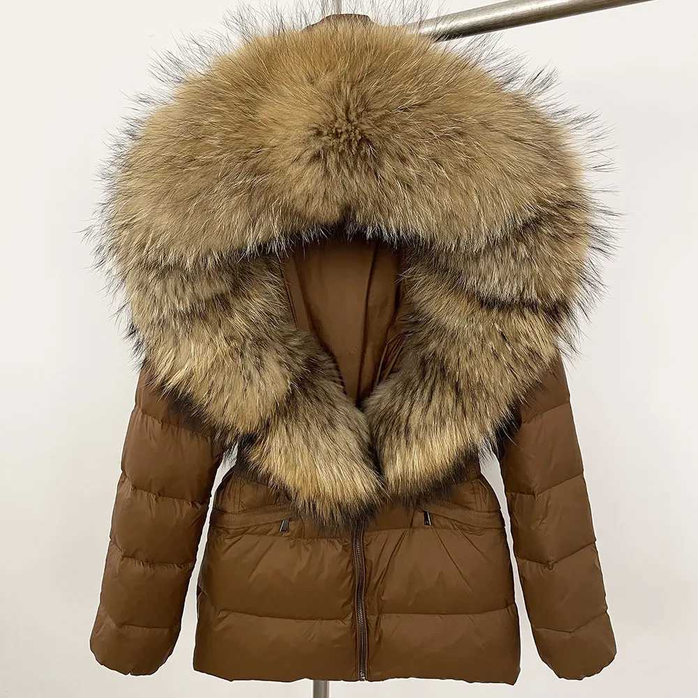 2024 Winter Jacket Women Natural Raccoon Fur Collar Hooded White Duck Down Coat Belt Thick Warm Casual Outerwear M260922