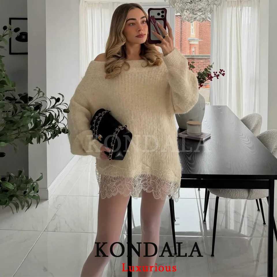 Women's Sweaters KONDALA Casual Solid Knit Women Sweaters Long Sleeve Slash Neck Lace Patchwork Tops Fashion 2025 Spring Elegant Loose Sweaters