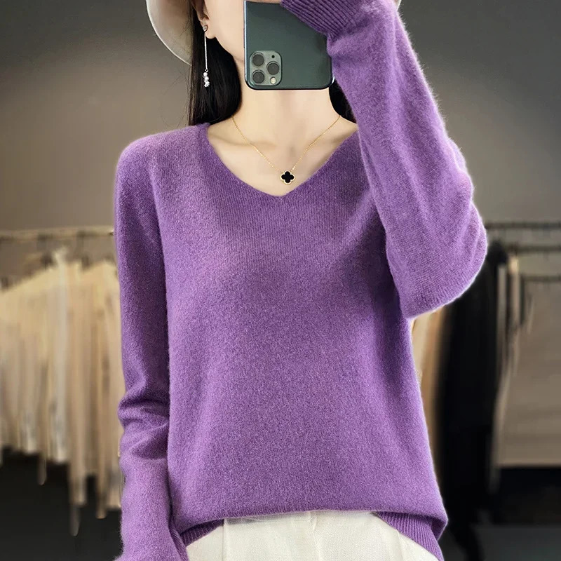 Women 100 Merino Wool Sweater VNeck Basic Pullover Autumn Winter Cashmere Clothing Long Sleeve Soft Knitwear Tops Solid Color 260916