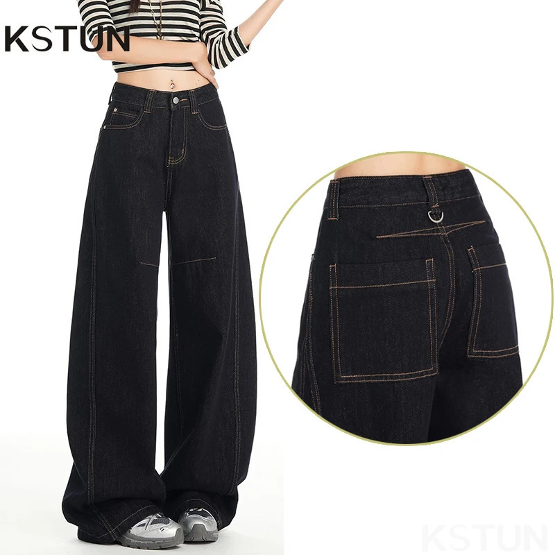 KSTUN Women Black Jeans High Waisted Wide Leg Denim Pants Vintage Streetwear Fashion Pockets Straight Leg Women's Trousers 260922