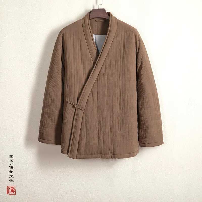 Men's Down Parkas 2024 Winter Men Chinese Style Warm Linen Padded Coat Jackets Men Casual Slim Linen Tang Suit Overcoat Men Male Thick Hanfu M-