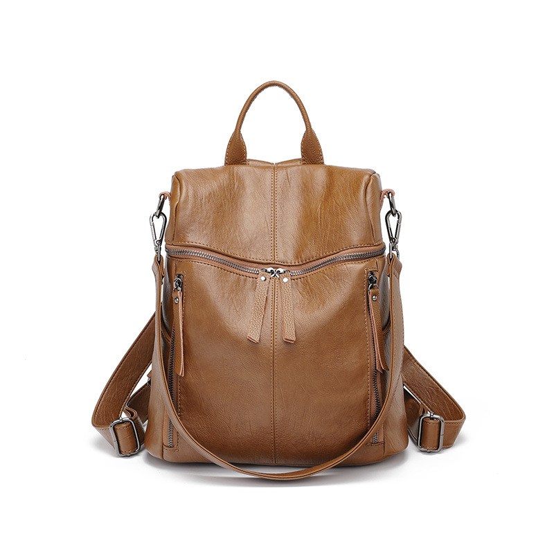 elegant Women Black Soft Faux Leather Backpack Multi Zipper Pockets Top Handle Convertible Crossbody Travel Daypack