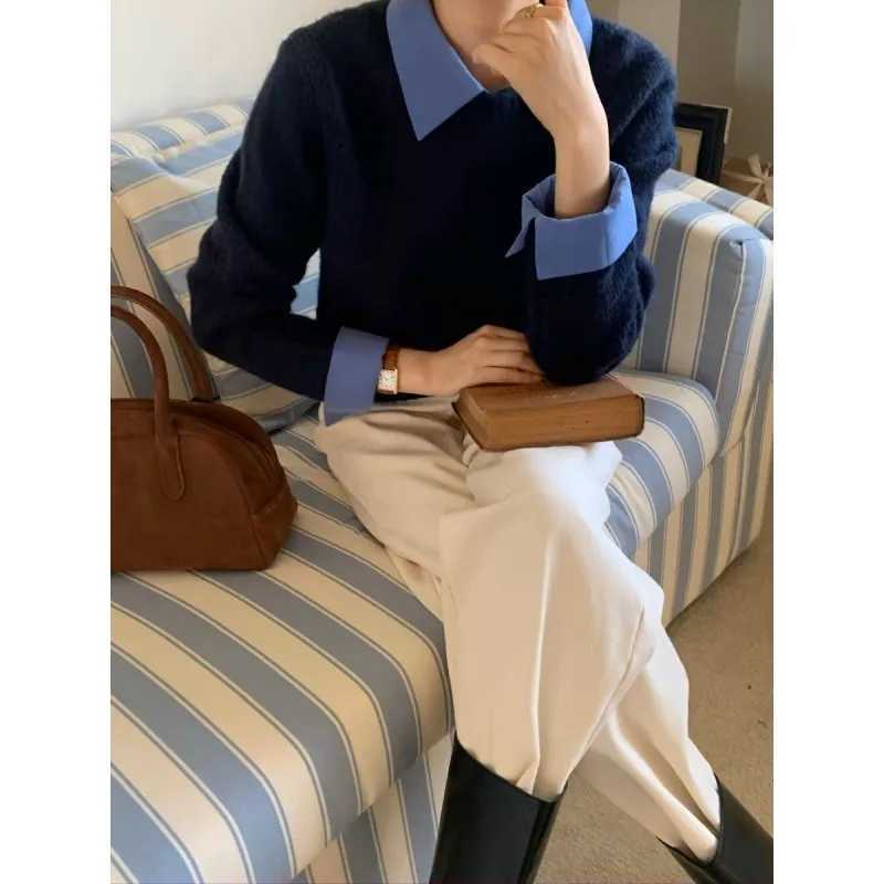 Women's Sweaters 2024 New Patchwork Shirt Collar Knit Sweater Autumn and Winter Bottoming Shirt Temperament Fake Two Pieces Top Pullover D26092