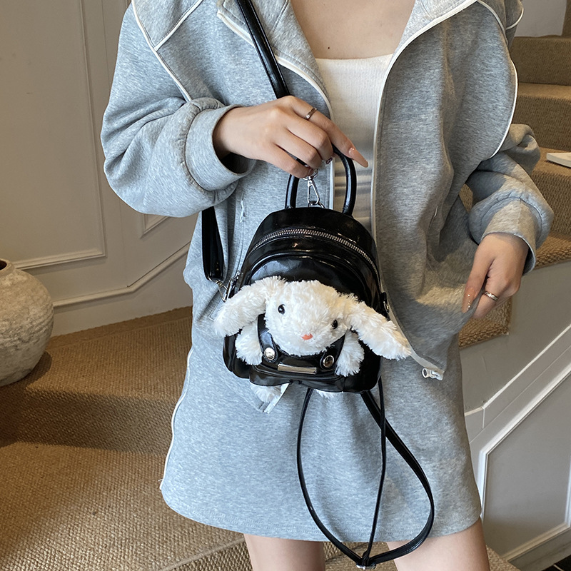 Cute Kids Silver Mini Backpack With Plush Rabbit Doll Decor Small Casual Daypack For Girls Daily Use