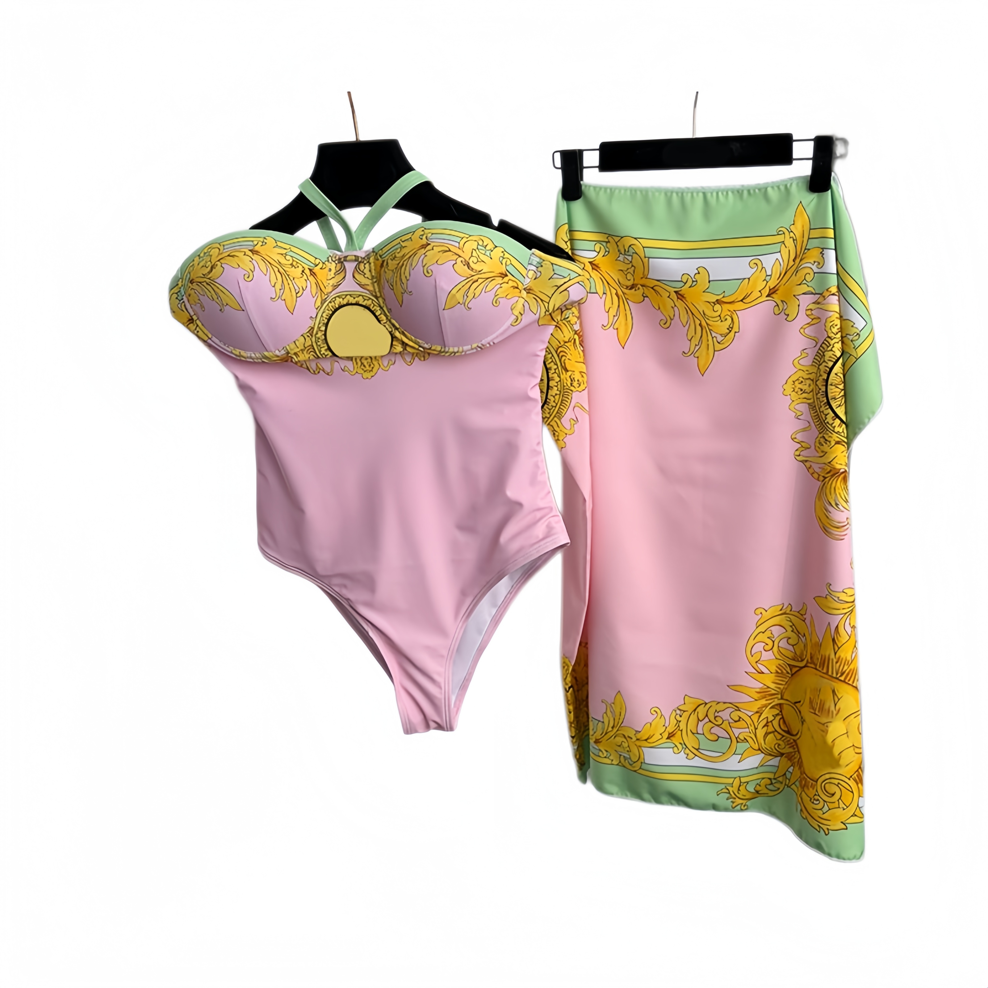 Women Y2K Printed Halter Swimwear Designer Padded Push Up Swimsuits With Sarong Summer Beach Vacation Sexy Bathing Suit