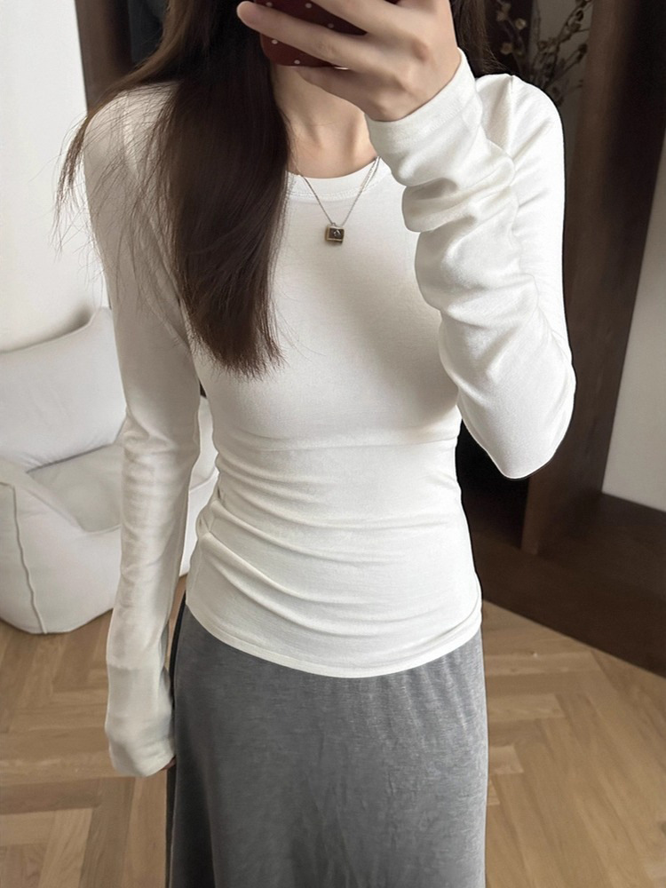 Hot Girl Slim-fit Basic Long-Sleeved T-Shirt Women's Spring-Autumn Winter Fleece-Mesh Underwear Base Layer Blouse on Shoulder