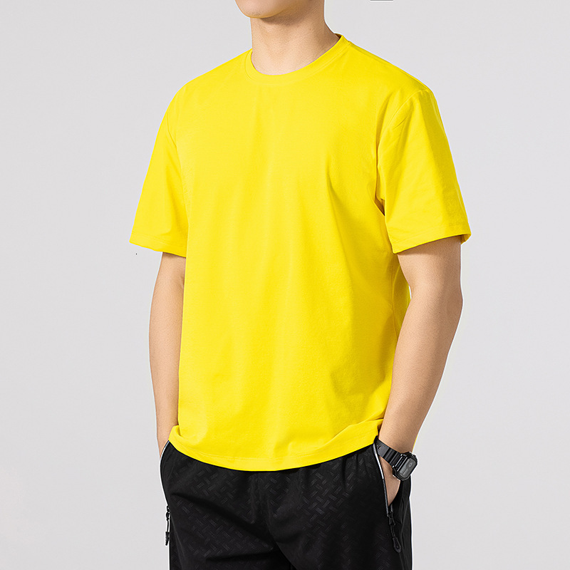 Yellow ice-feel short-sleeve T-shirt for men, summer 2025 new style, solid color, simple design, ice silk cotton half-sleeve top