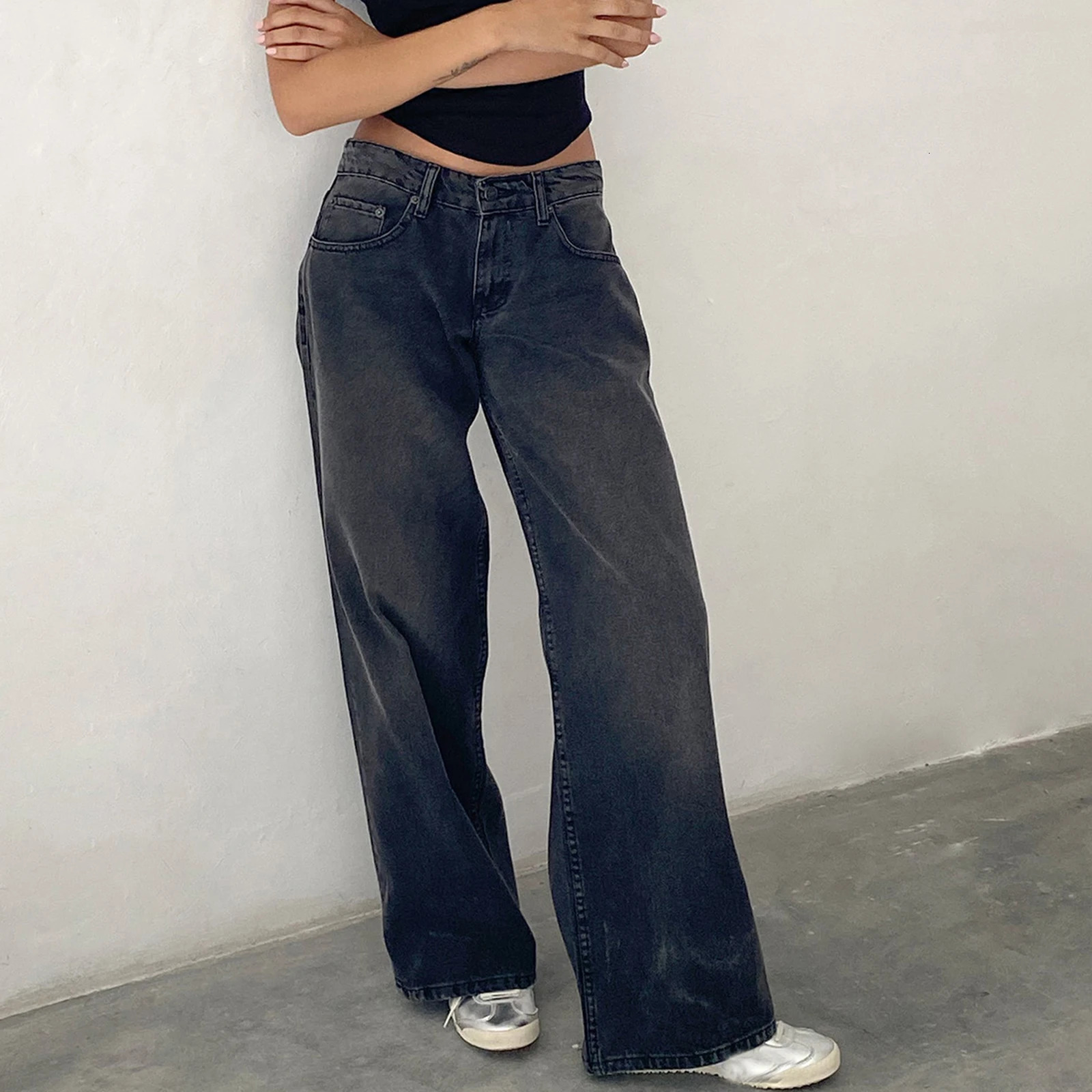Jeans larghi da donna Y2k a vita bassa Jeans larghi larghi da fidanzato Jeans dritti a gamba larga Pantaloni lunghi in denim elasticizzati alla moda