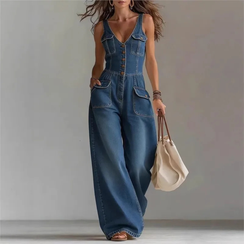 Sexy Denim V Neck Button Pockets Sleeveless Jumpsuit Spring Summer Women's Fashion Casual Vacation Beach Solid Color Jumpsuit 260922