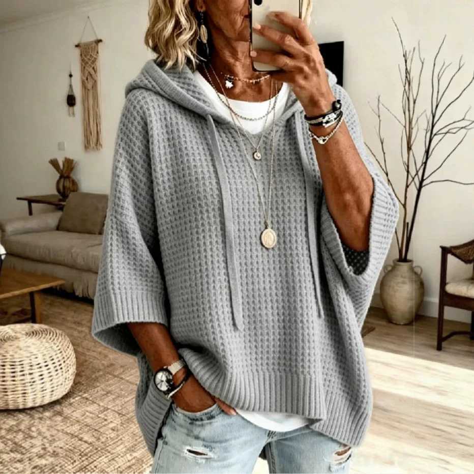 Women's Sweaters Women's Fashion Loose Hooded Waffle Knit Sweater Tops New 2026 Female Autumn Winter Casual Batwing Sleeve Drawstring Swea